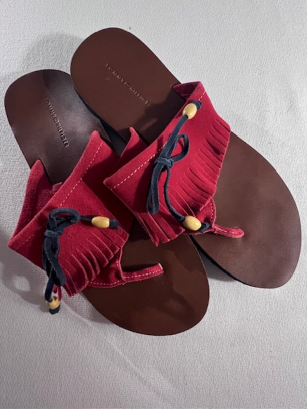 Tommy Hilfiger thong sandals red suede fringe wooden bead accents size 10.5 boho